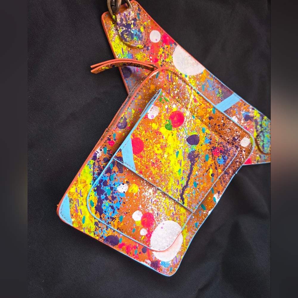 BootLabMD Hand-Painted Neon Splatter Orange Leather Crossbody / Belt Bag